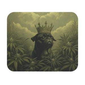 May include: A black pug dog wearing a gold crown, surrounded by green marijuana plants. The dog is looking to the right of the image.