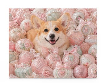 Smiling Corgi in Pink Ornaments Puzzle, Pink Corgi Christmas Puzzle, Corgi Christmas Gift, Gift for Corgi Lovers, Corgi Gift, Pink Christmas