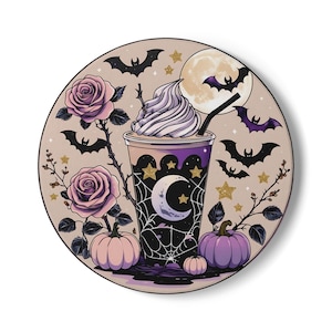 Halloween Latte Ceramic Coaster with Moon & Bats Design, Halloween Home Decor Interior, Halloween gift, spooky decor, halloween coasters,
