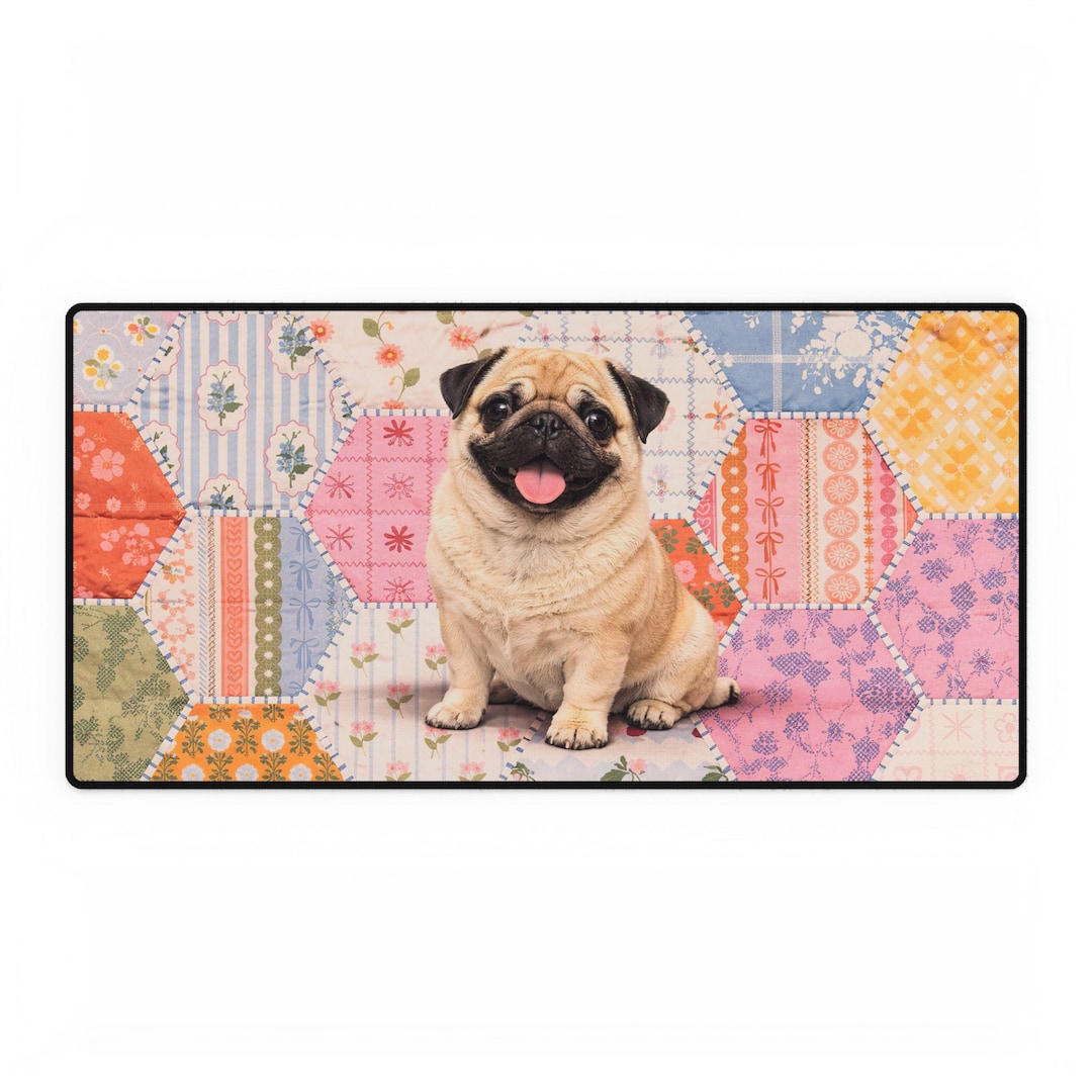 Cute Pug on Patchwork Quilt Desk Mat, Pug Desk Mat, Pug Gift, Gift for ...