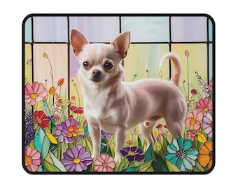 Chihuahua-Mausunterlage, Wildblumen-Glasmalerei-Mausunterlage, rutschfeste Mausunterlage, Geschenk für Chihuahua-Liebhaber, Chihuahua-Bürodekor