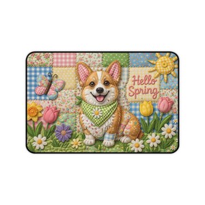Corgi Hello Spring patchwork illustration Desk Mat, Corgi Desk Mat, Spring Home Decor, Gift for Corgi Lover, Cute Dog Office Decor