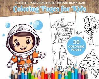 30 Kids Coloring Pages, Animals, Vehicles (PDF Download)