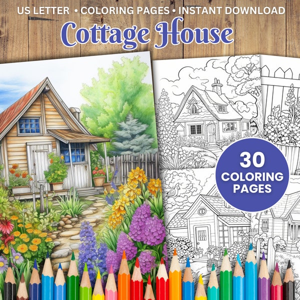 30 Printable Cottage House Coloring Pages, Flower Coloring Book, Adults + Kids, Grayscale Coloring, Instant Download, US Letter, PDF Color