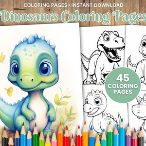 45 Dinosaur Coloring Pages, Toddlers Coloring Book, Easy and Simple Coloring, Printable Kindergarten Coloring Sheets, PDF Coloring, Download