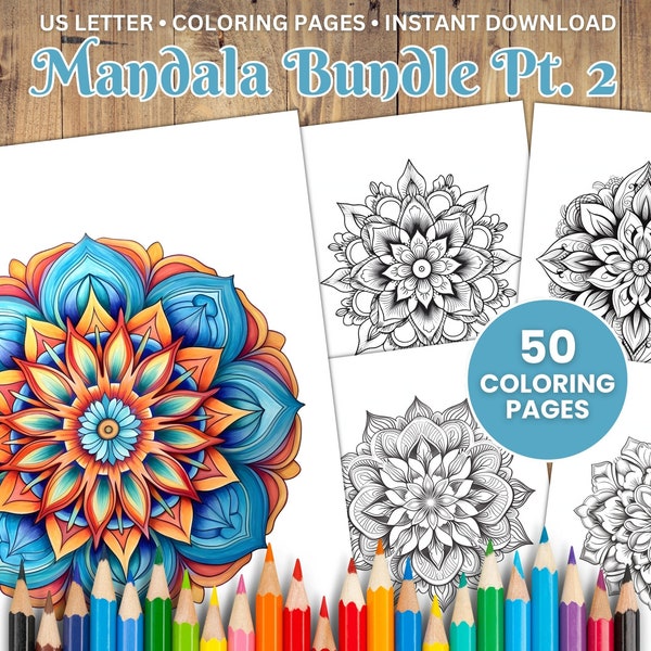 50 Printable Mandala Coloring Pages, Adults + Kids, Mandala Coloring, Mandala Bundle, Coloring Book, Instant Download, PDF Coloring