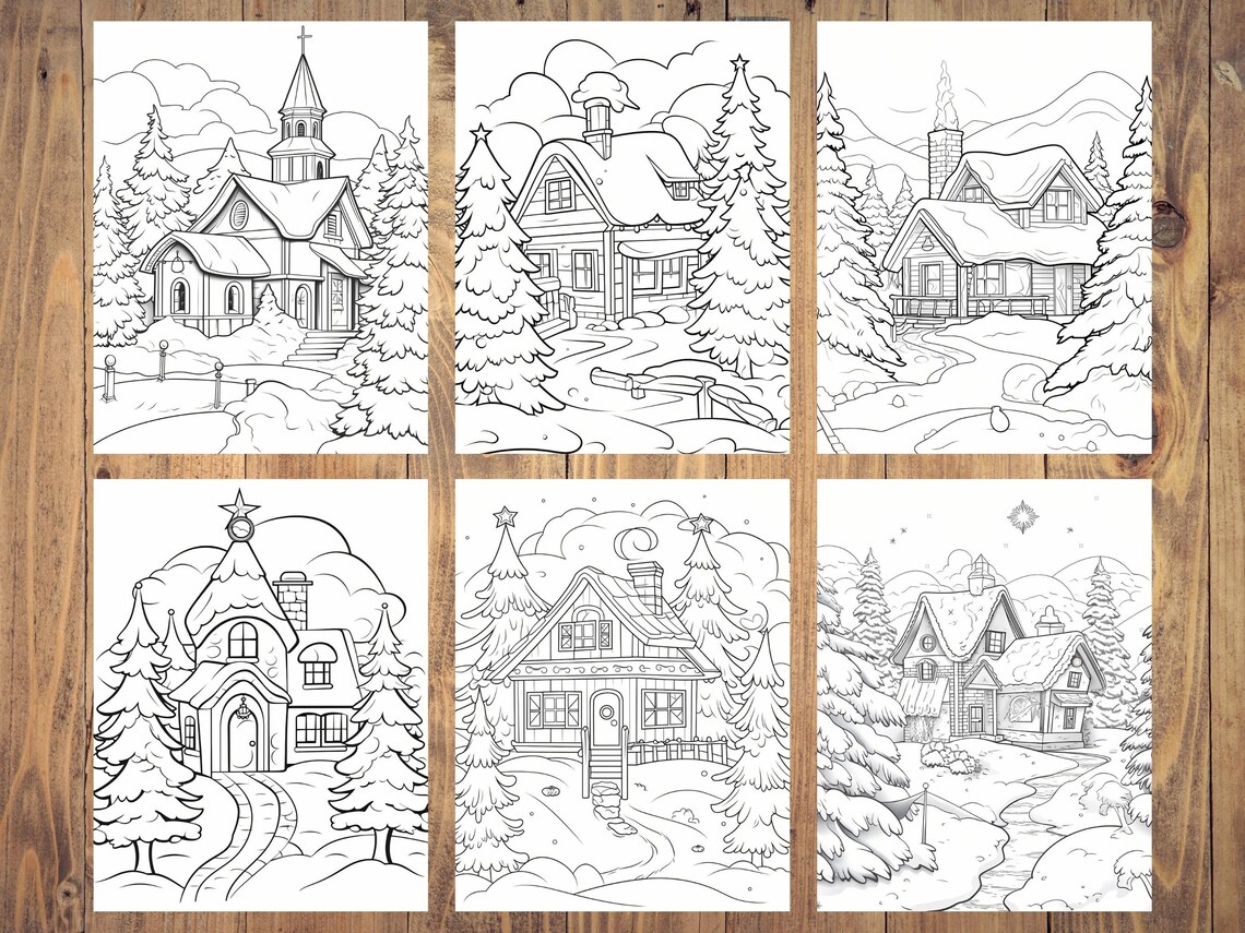 Christmas Scenery Coloring Pages, Winter Holiday Scenes (printable PDF ...