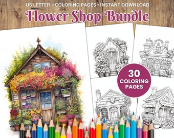 Flower Shop Coloring Pages, 30 Grayscale Designs (PDF)
