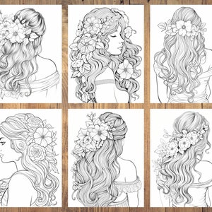 30 Printable Flower Hair Coloring Pages, Beautiful Lady Coloring Book ...