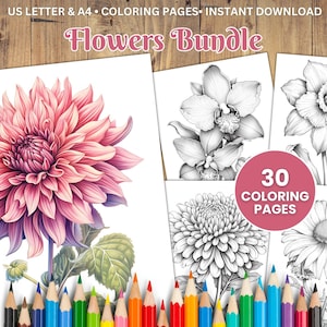 30 Printable Flower Coloring Pages, Coloring Book, Adults + Kids, Grayscale Coloring, Instant Download, Printable, A4 + US Letter, PDF