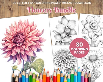 30 Flower Coloring Pages, Grayscale Floral Illustrations (PDF)