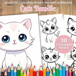 30 Printable Cat Coloring Pages, Kitten Coloring Book, Adults + Kids, Easy Pet Coloring Pages, PDF Coloring, Instant Download