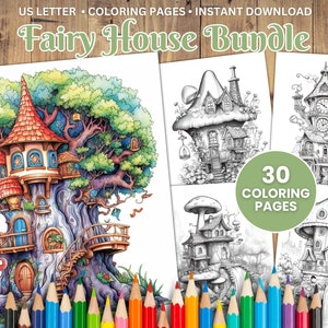 30 Printable Fairy House Coloring Pages, Enchanted Fairy Homes, Fantasy Coloring Book, Adults + Kids, Grayscale Coloring, Instant Download