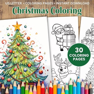 30 Christmas Coloring Pages, Xmas Coloring Book, Adults + Kids, Holiday Grayscale Coloring, Printable Coloring Page, PDF Coloring, Gift