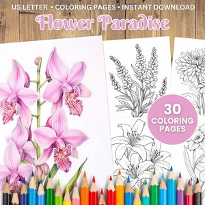30 Printable Flower Coloring Pages Pt. 3, Coloring Book, Adults + Kids, Grayscale Coloring, PDF Coloring, Instant Download