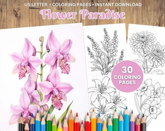 30 Printable Flower Coloring Pages, Grayscale Adults + Kids (PDF Coloring)
