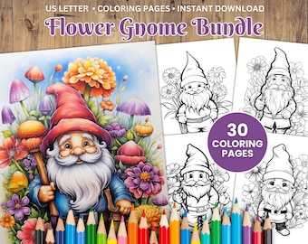 30 Flower Gnome Coloring Pages, Grayscale Illustrations (PDF Download)