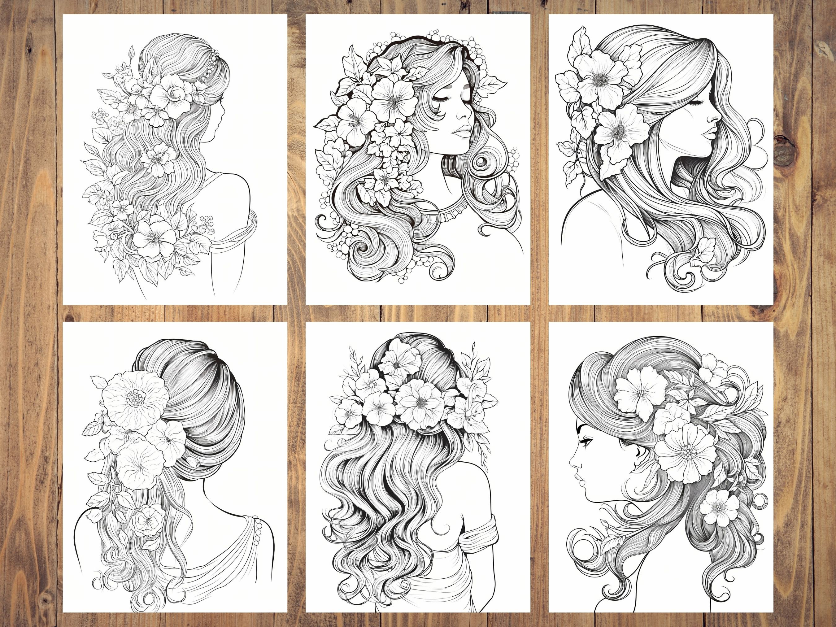 30 Printable Flower Hair Coloring Pages, Beautiful Lady Coloring Book ...
