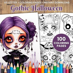 100 Gothic Halloween Coloring Pages, Creepy Holiday Coloring Book, Scary Doll Coloring, Printable Coloring Sheets, PDF Coloring in US Letter