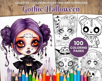 100 Gothic Halloween Coloring Pages, Creepy Scary Doll Designs (PDF)