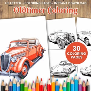 May include: A set of 30 coloring pages featuring vintage cars. The pages are designed for US letter size paper. The image shows a red convertible car, a black and white car with a rounded body, and a black and white car with a more angular body.