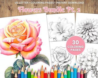 30 Flower Coloring Pages, Grayscale Floral Art, Adults and Kids (PDF Download)