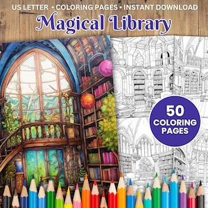 50 Magical Library Coloring Pages, Fantasy Coloring Book, Enchanted Coloring Sheets, Adults + Kids, Instant Download, Printable PDF Coloring