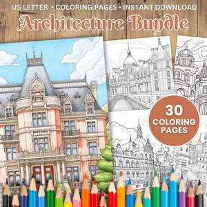 30 Printable Architecture Coloring Pages, Buildings Coloring Book, Adults + Kids, House Coloring Pages, PDF Coloring, Instant Download