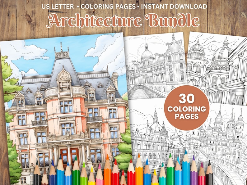 30 Architecture Coloring Pages, Buildings, Adults and Kids (PDF ...