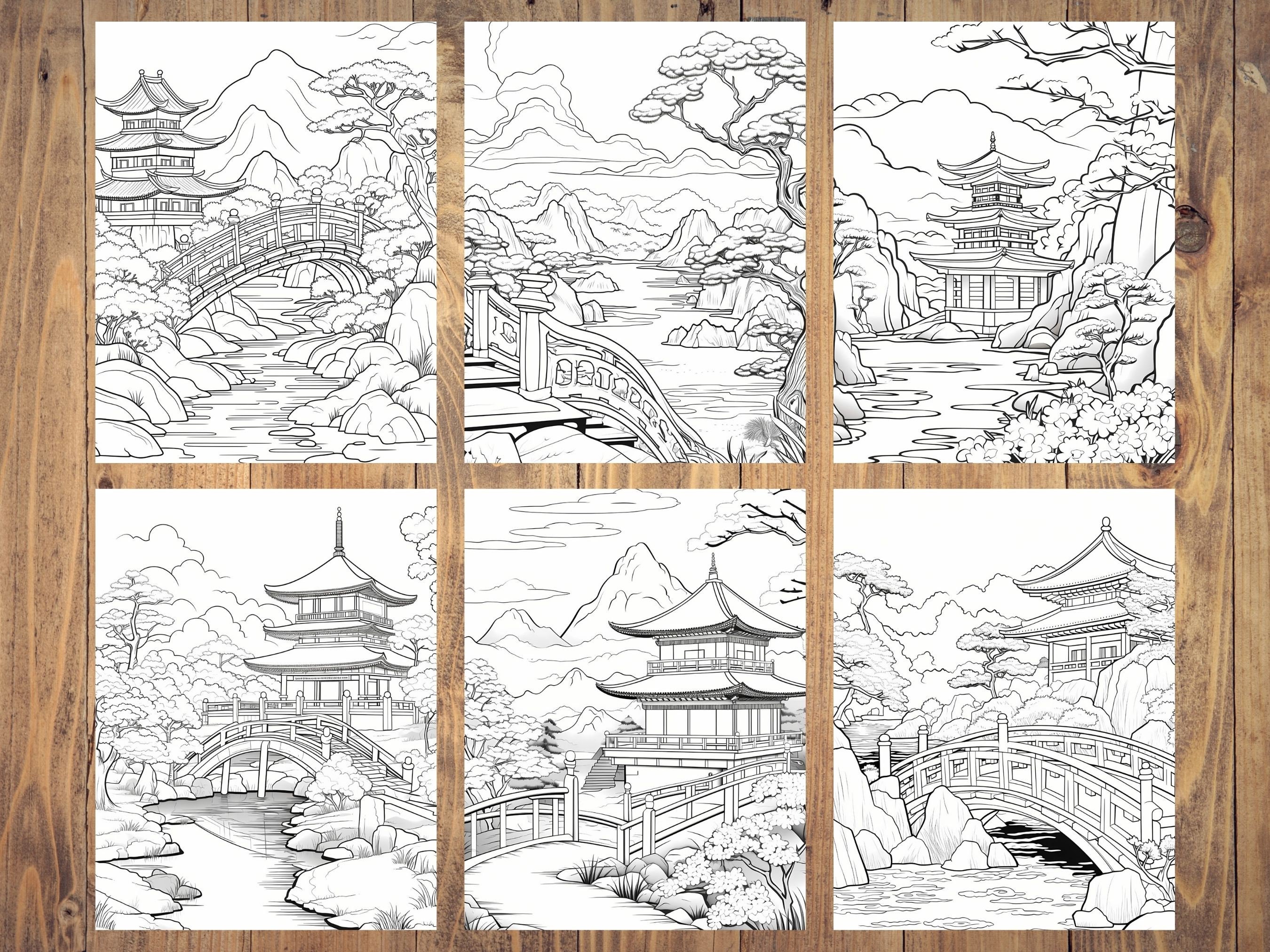 50 Japanese Scenery Coloring Pages, Nature Coloring Book, Easy and ...