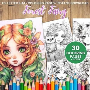 30 Cute Flower Forest Fairy Girls Anime Coloring Page, Adults + Kids, Grayscale Coloring, Instant Download, Printable, A4 + US Letter, PDF