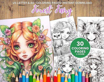 Forest Fairy Coloring Pages, Anime Girls, Grayscale, 30 Designs (PDF)
