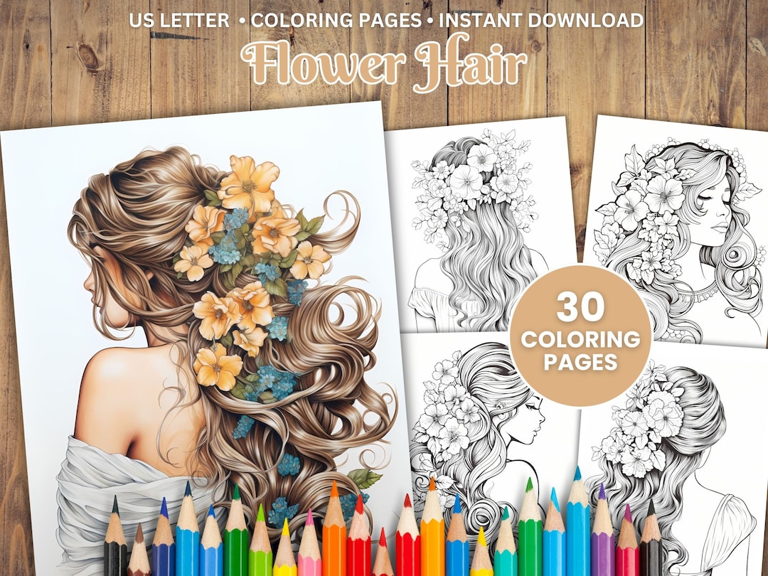 30 Printable Flower Hair Coloring Pages, Beautiful Lady Coloring Book ...