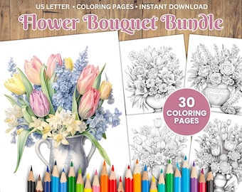 30 Flower Bouquet Coloring Pages, Grayscale Floral Art (Instant Download)