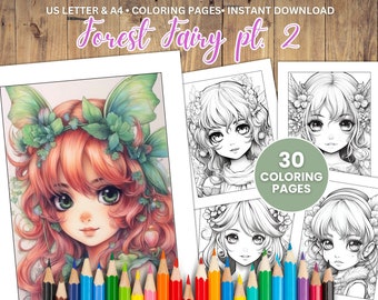 Forest Fairy Coloring Pages, Anime Girls, Fantasy Art (Digital Download)