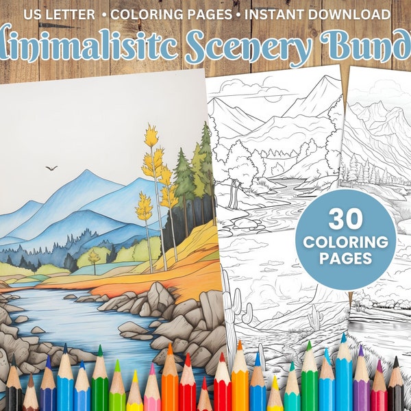 30 Printable Minimalistic Scenery Coloring Pages, Coloring Book, Adults + Kids, Grayscale Coloring, PDF Coloring, Instant Download