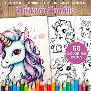 50 Unicorn Coloring Page Bundle, Cute Horse Coloring Book, Fantasy Coloring Sheets, Kawaii Coloring, Printable Coloring Pages, PDF Coloring