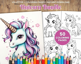 50 Unicorn Coloring Pages, Kawaii Fantasy Art (PDF Coloring)