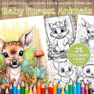 25 Cute Baby Forest Animals Coloring Page Book, Adults + Kids, Grayscale Coloring, Instant Download, Printable, A4 + US Letter, PDF