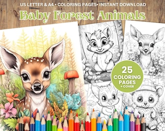 Baby Forest Animals Coloring Book, Grayscale, Printable (PDF)