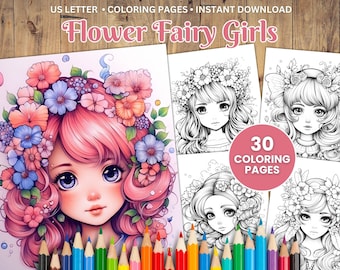 30 Flower Fairy Girl Coloring Pages, Kawaii Fantasy (PDF)