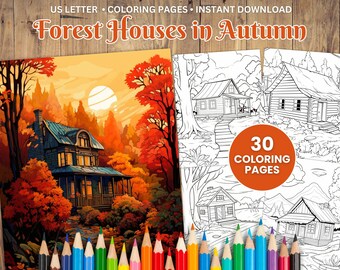 30 Autumn Forest House Coloring Pages, Grayscale Coloring Book (US Letter) (Instant Download)