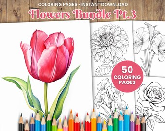 50 Flower Coloring Pages, Grayscale Floral Illustrations (PDF Download)