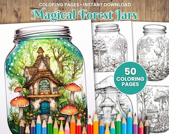 50 Magical Forest Jars Coloring Pages, Woodland Fantasy (PDF)