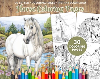 30 Printable Horse Coloring Pages, Horse Coloring Bundle, Coloring Book, Adults + Kids, Grayscale Coloring, Instant Download, PDF Coloring