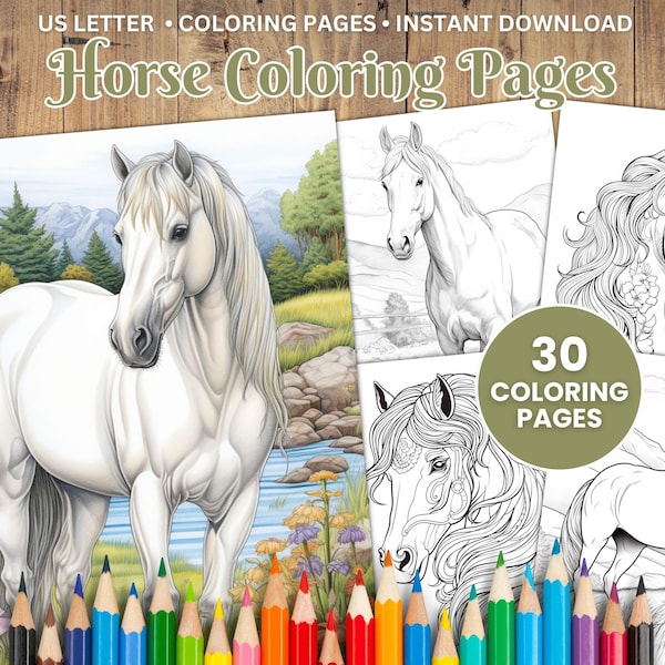 30 Printable Horse Coloring Pages, Horse Coloring Bundle, Coloring Book, Adults + Kids, Grayscale Coloring, Instant Download, PDF Coloring