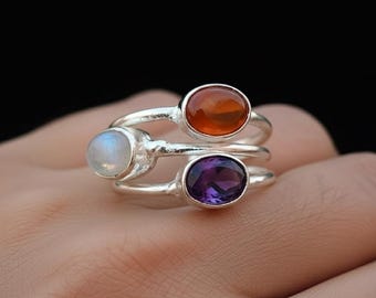 Handmade Sterling Silver Carnelian Amethyst Moonstone Ring