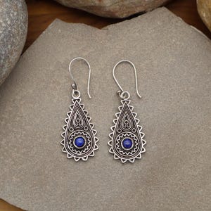 Teardrop Dangle Earrings with Blue Gemstone – Boho Silver-Tone Drop Earrings, Handmade Tribal Jewelry for Women, Festival Accessory