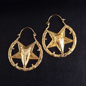 Earrings For Women, Baphomet Satanic Goat Head Inverted Pentagram Gold Finish hoop Earrings