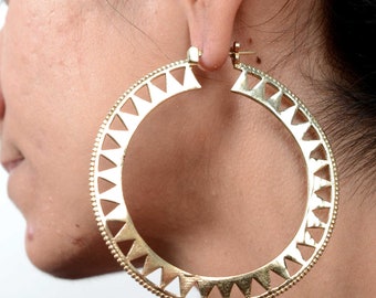 Handcrafted Brass Hoop Earrings, Boho Tribal Jewelry